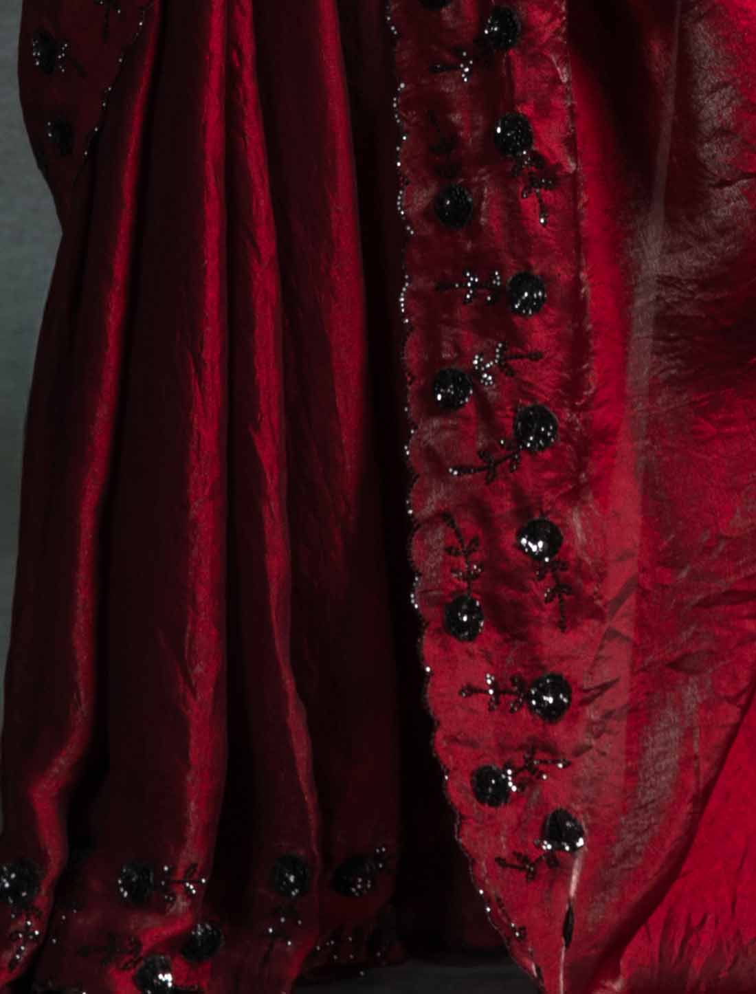 Maroon Ethnic Tow-Tone Satin Silk Hand Work Jarkan Un-Stitched Saree