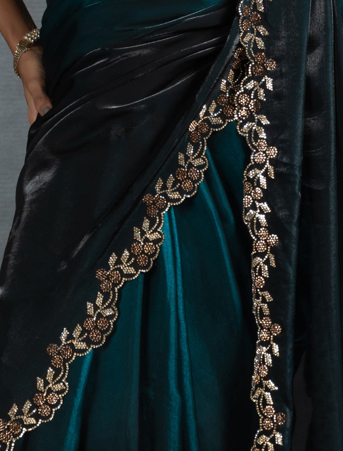 Ocean Green Two Tone Satin Silk Jerquen Work Party Wear Saree