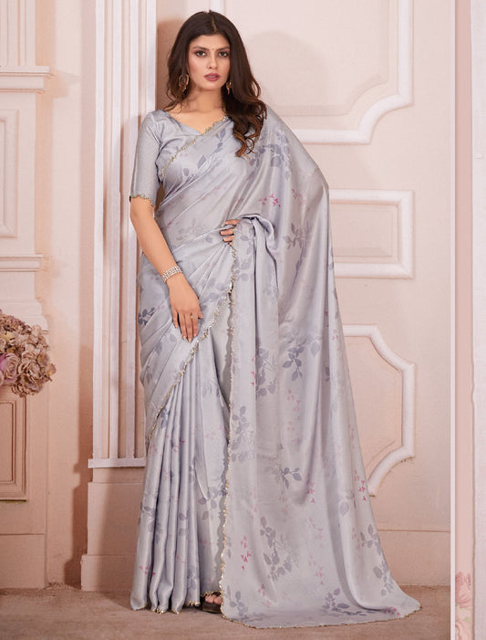 Timeless Beauty: Pure Satin Georgette Saree with Cutwork Border Blouse - Women's Ethnic Fashion