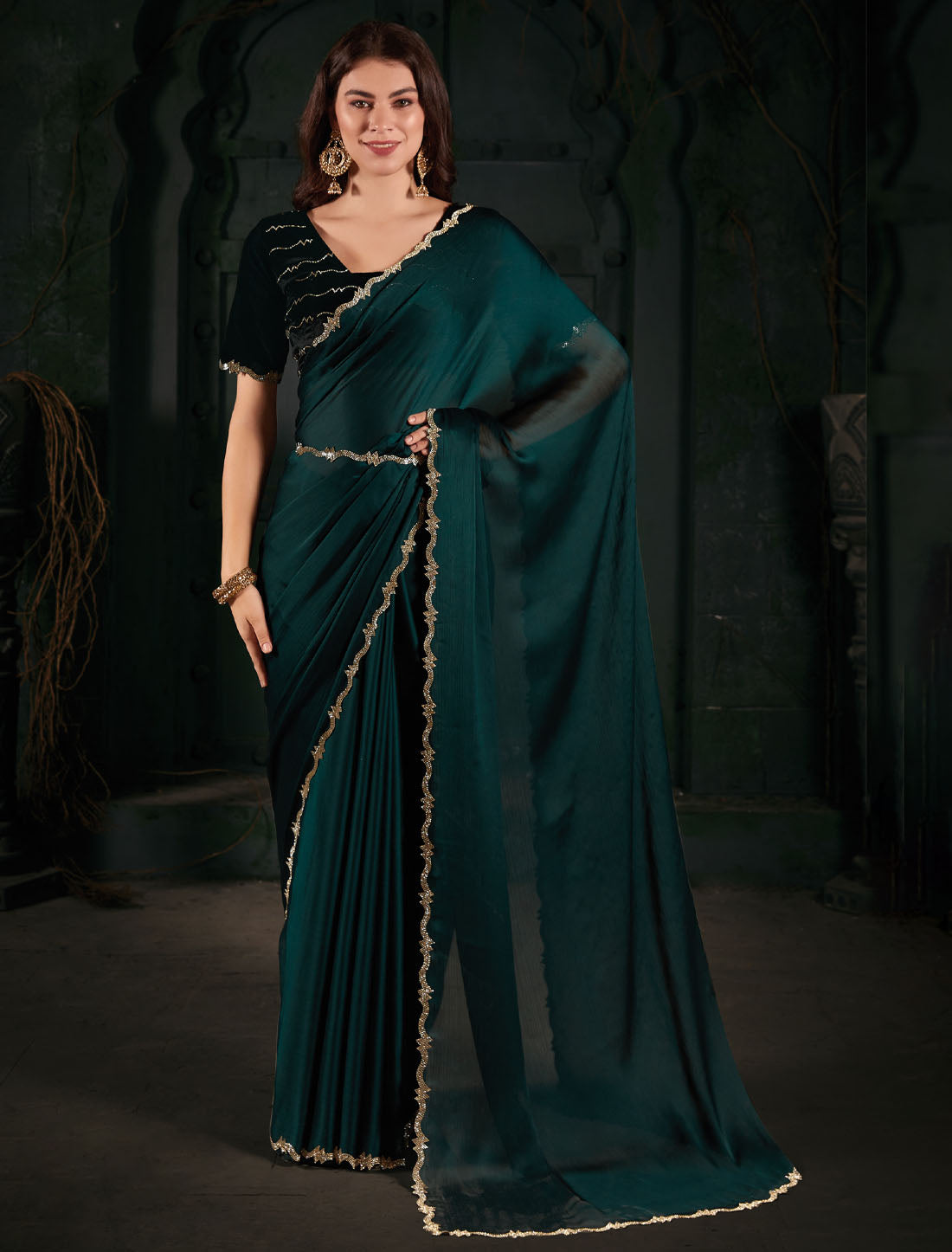 Elegant Hand Zircon Cutwork Border Saree: Pure Satin Chiffon Blooming Fabric Saree for Women