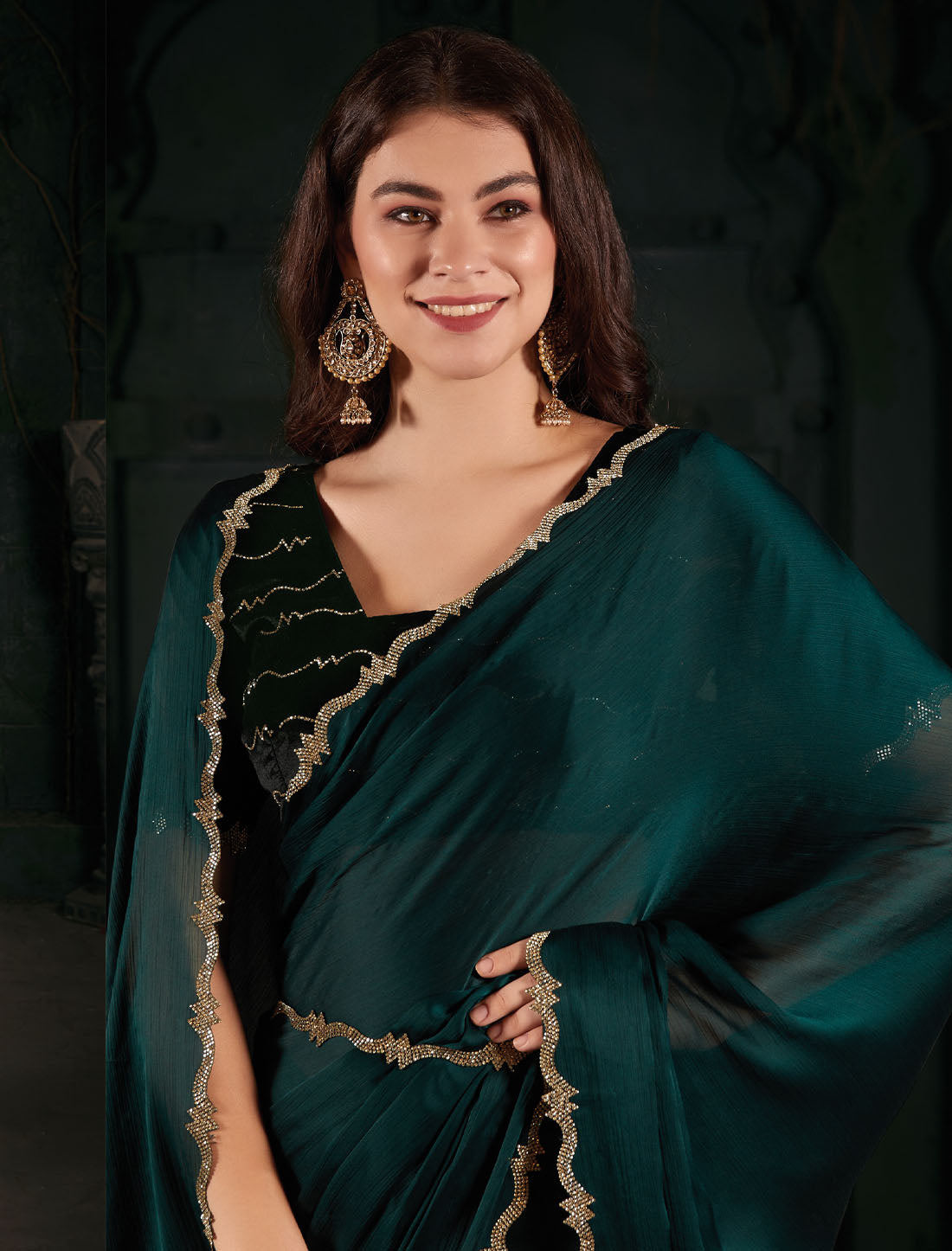 Elegant Hand Zircon Cutwork Border Saree: Pure Satin Chiffon Blooming Fabric Saree for Women