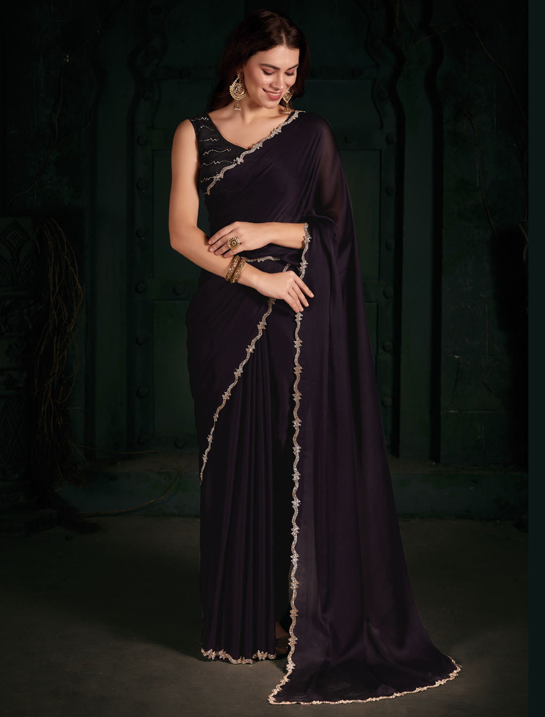 Velvet Fabric Heavy Zircon Work Blouse: Exquisite Party Wear Saree for Women