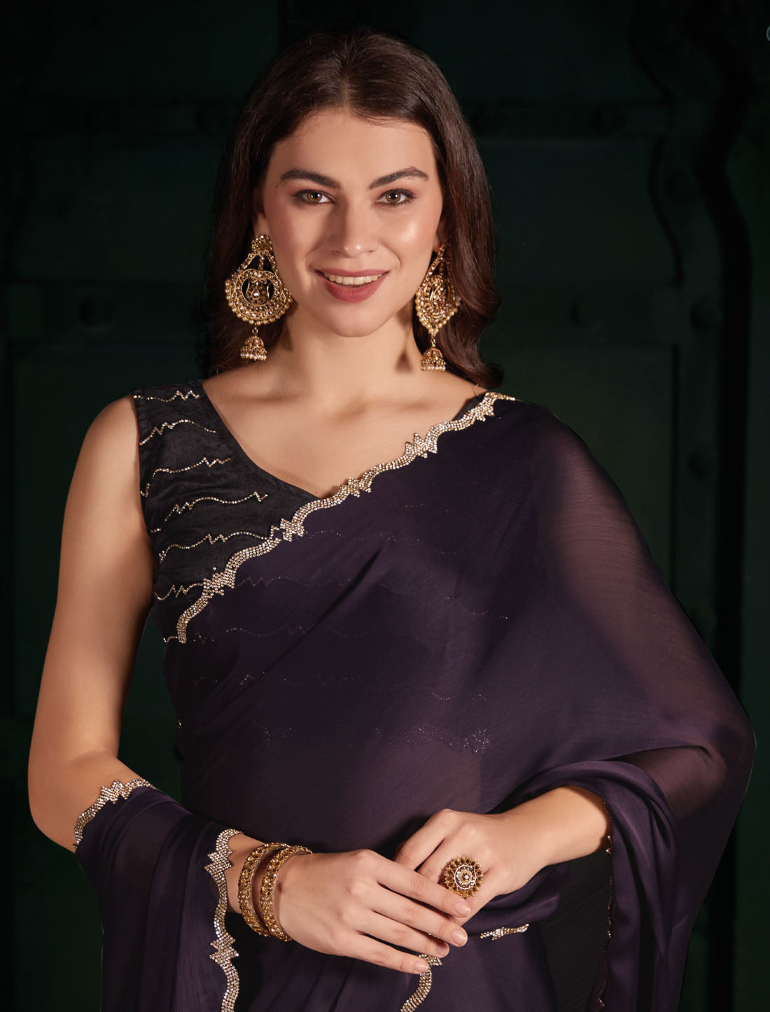 Velvet Fabric Heavy Zircon Work Blouse: Exquisite Party Wear Saree for Women