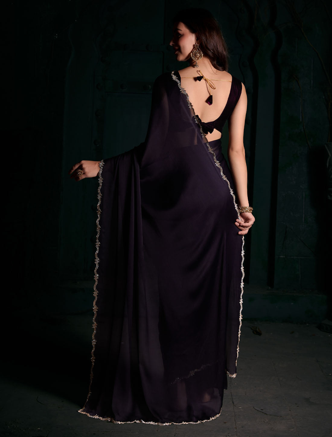 Velvet Fabric Heavy Zircon Work Blouse: Exquisite Party Wear Saree for Women