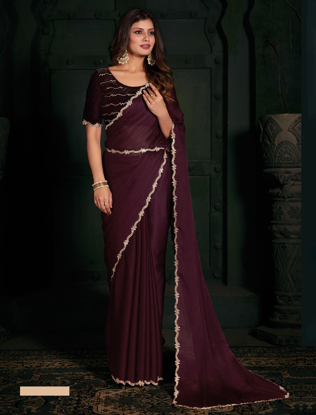 Get Glamorous: Party Wear Saree with Zircon Cutwork Border for Women