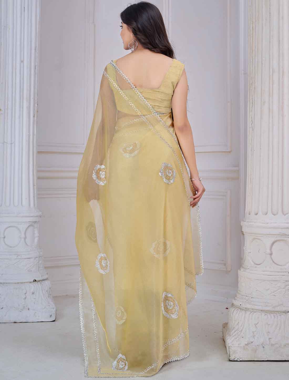 Light Yellow Ethnic Supreme Organza Party Wear Saree