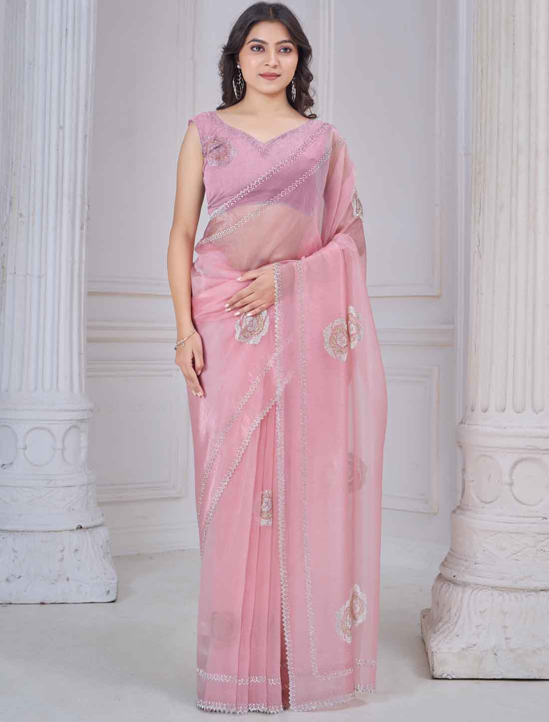 Light Peach Supreme Organza Party Wear Ethnic Saree
