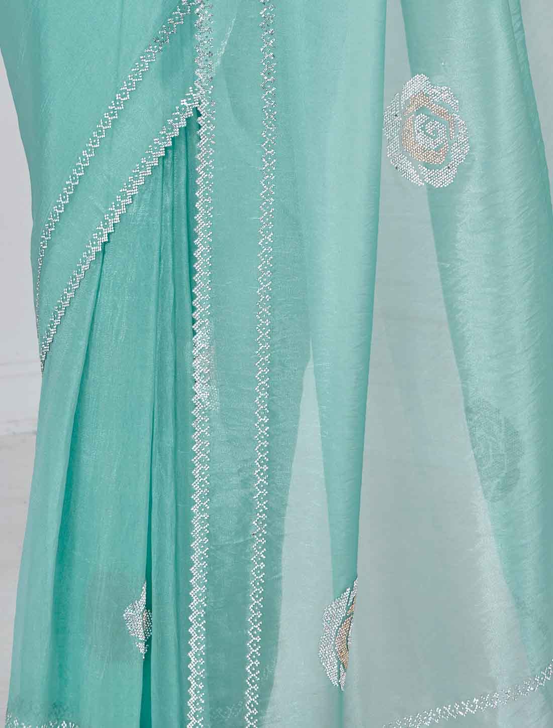 Teal Blue Ethnic Party Wear Organza Traditional Work Saree