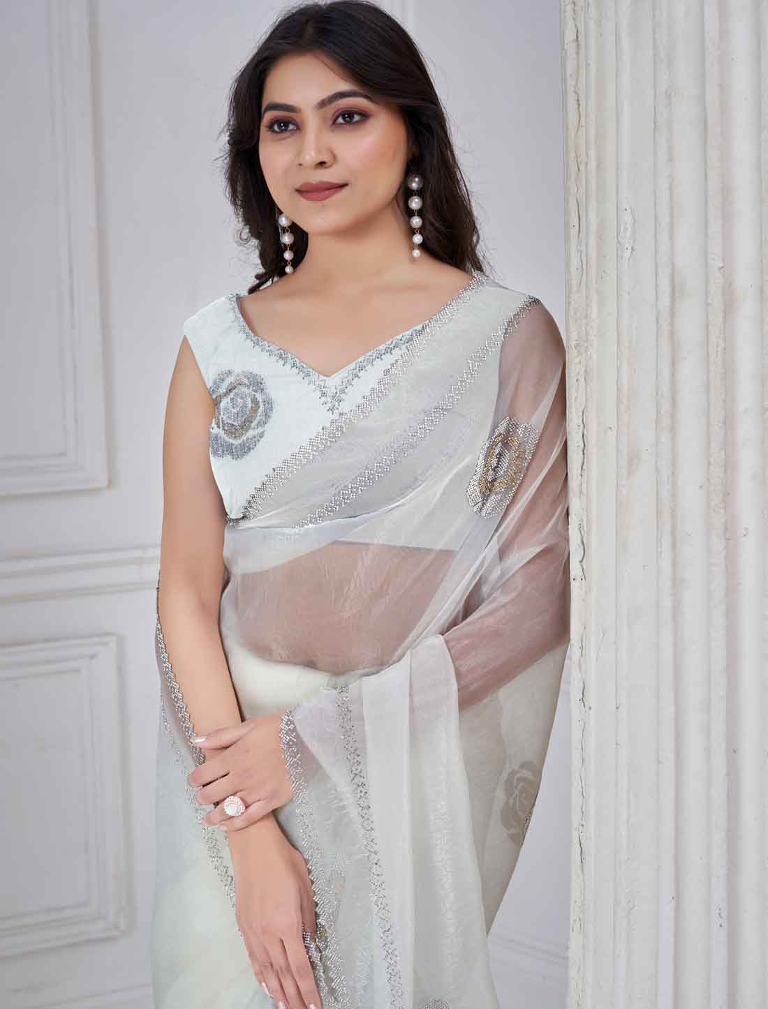 White Supreme Organza Party Wear Two Tone Work Ethnic Saree