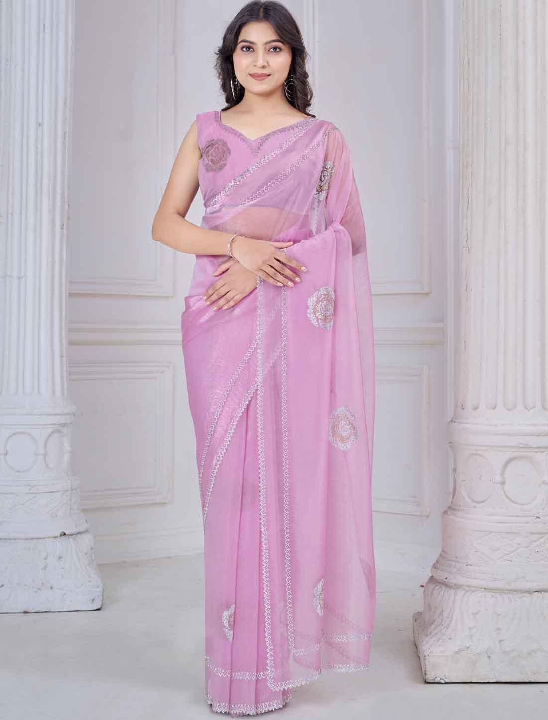 Light Pink Ethnic Party Wear Organza Traditional Saree