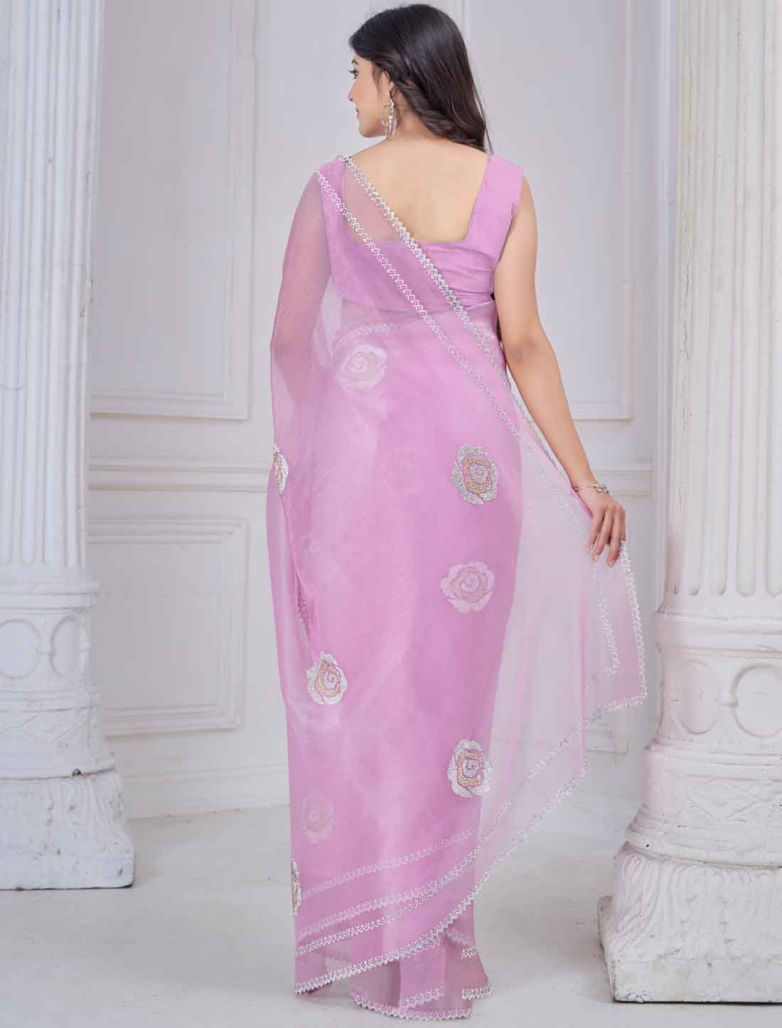 Light Pink Ethnic Party Wear Organza Traditional Saree
