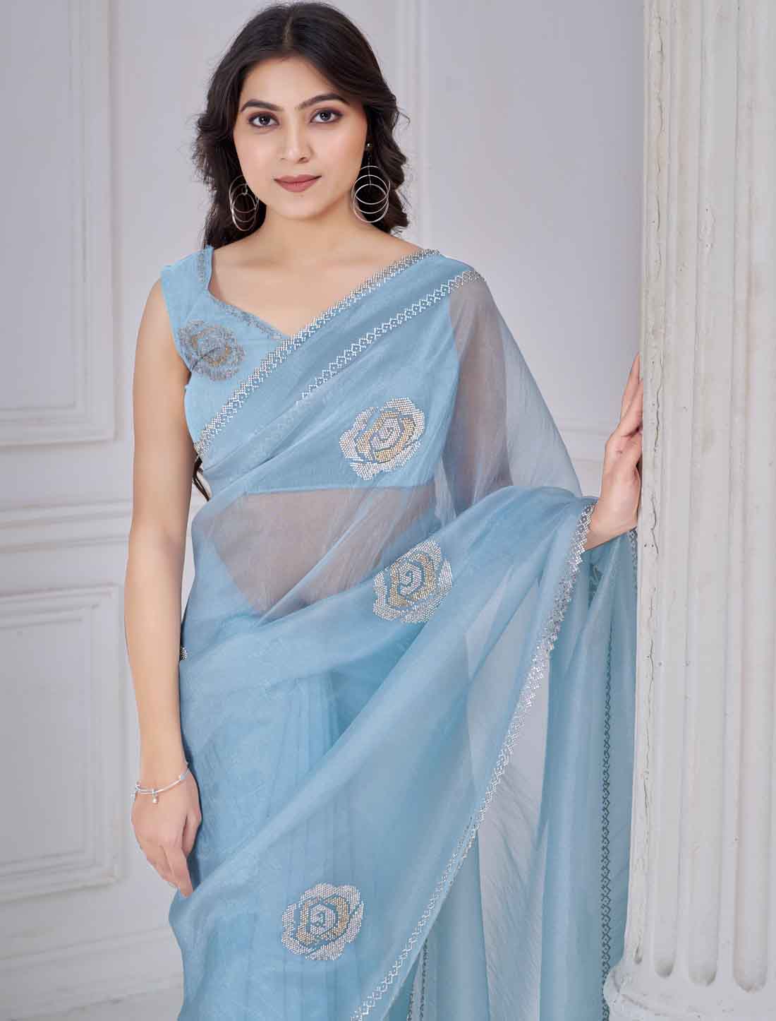 Light Blue Ethnic Organza Party Wear Traditional Work Saree