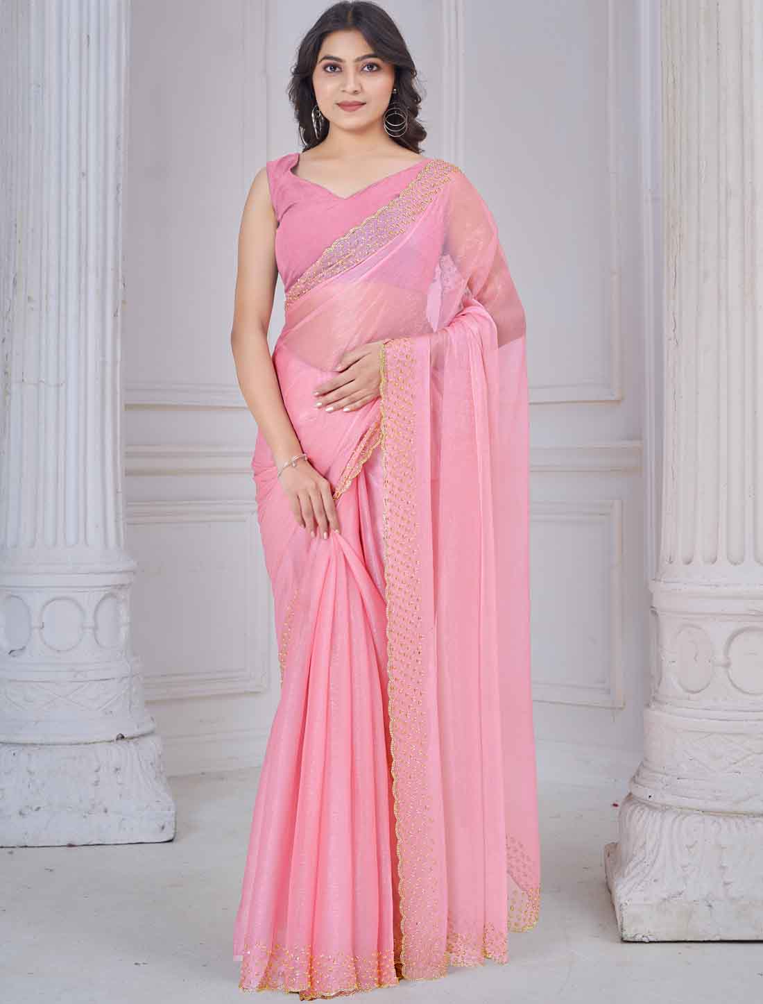 Peach Ethnic Soft Silk Hand Work With Jerquen Party Wear Saree