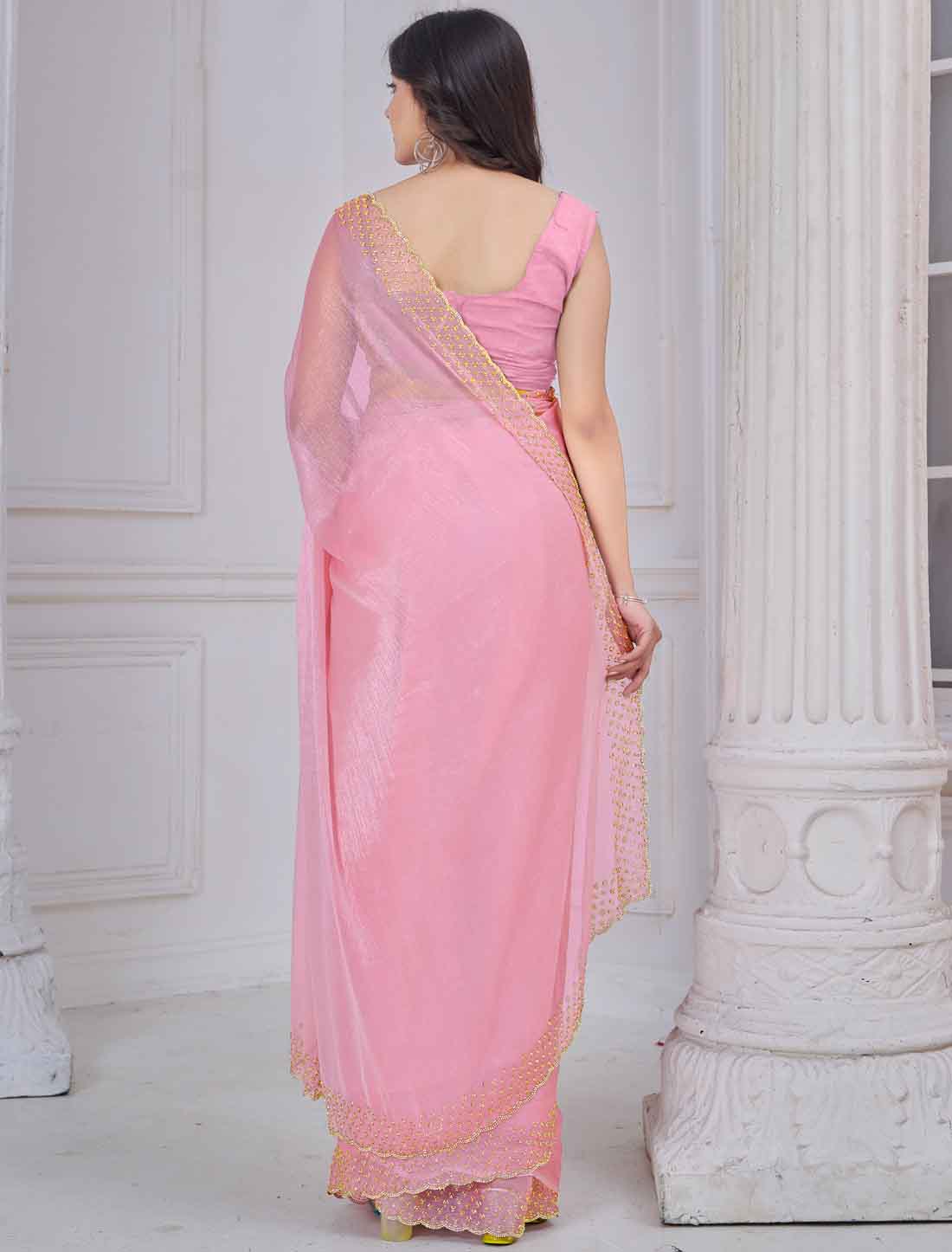Peach Ethnic Soft Silk Hand Work With Jerquen Party Wear Saree