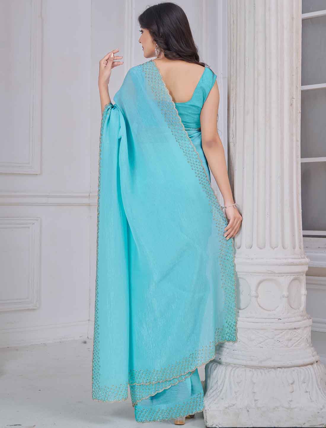 Ethnic Blue Soft Silk Hand Work With Jerquen Party Wear Saree