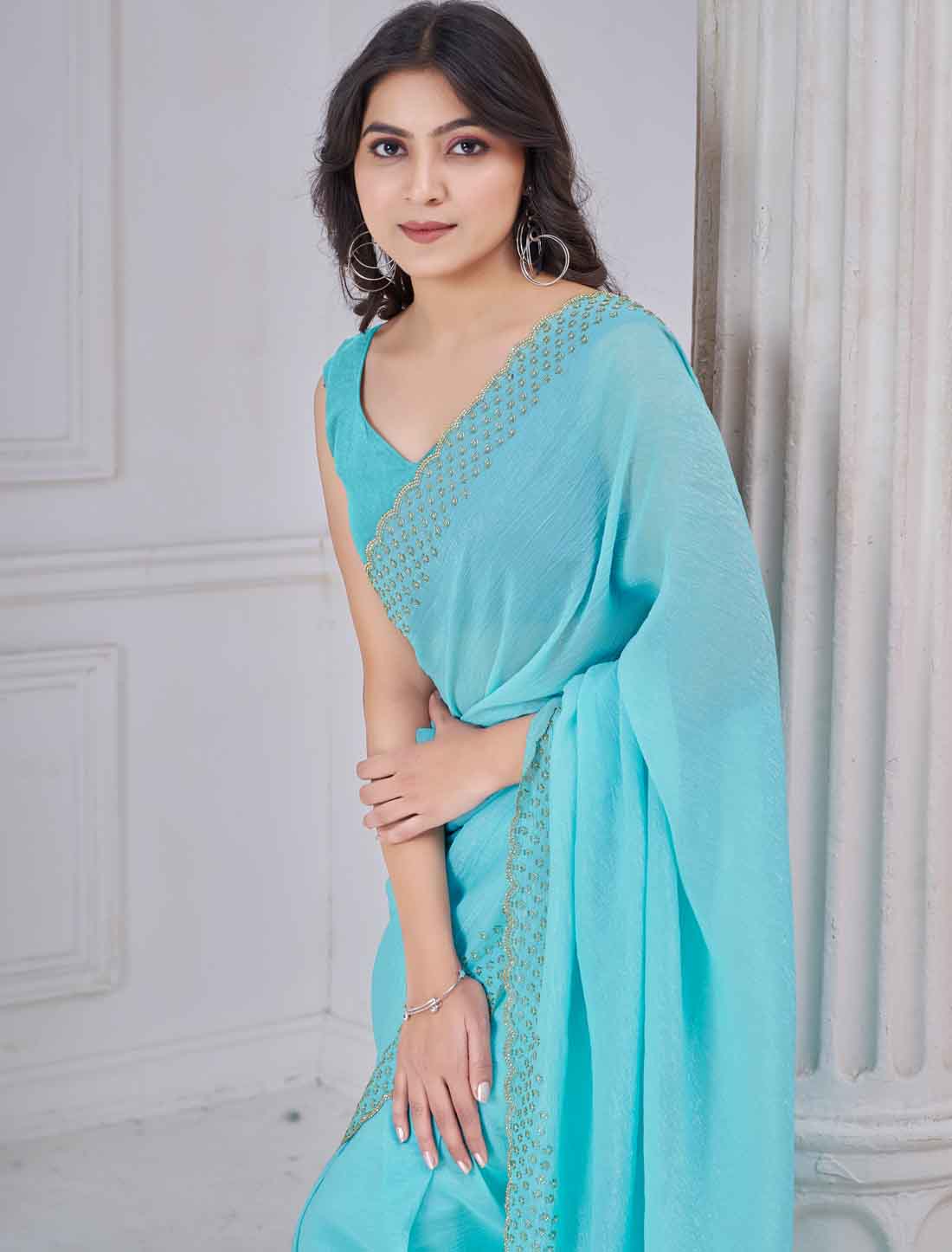 Ethnic Blue Soft Silk Hand Work With Jerquen Party Wear Saree