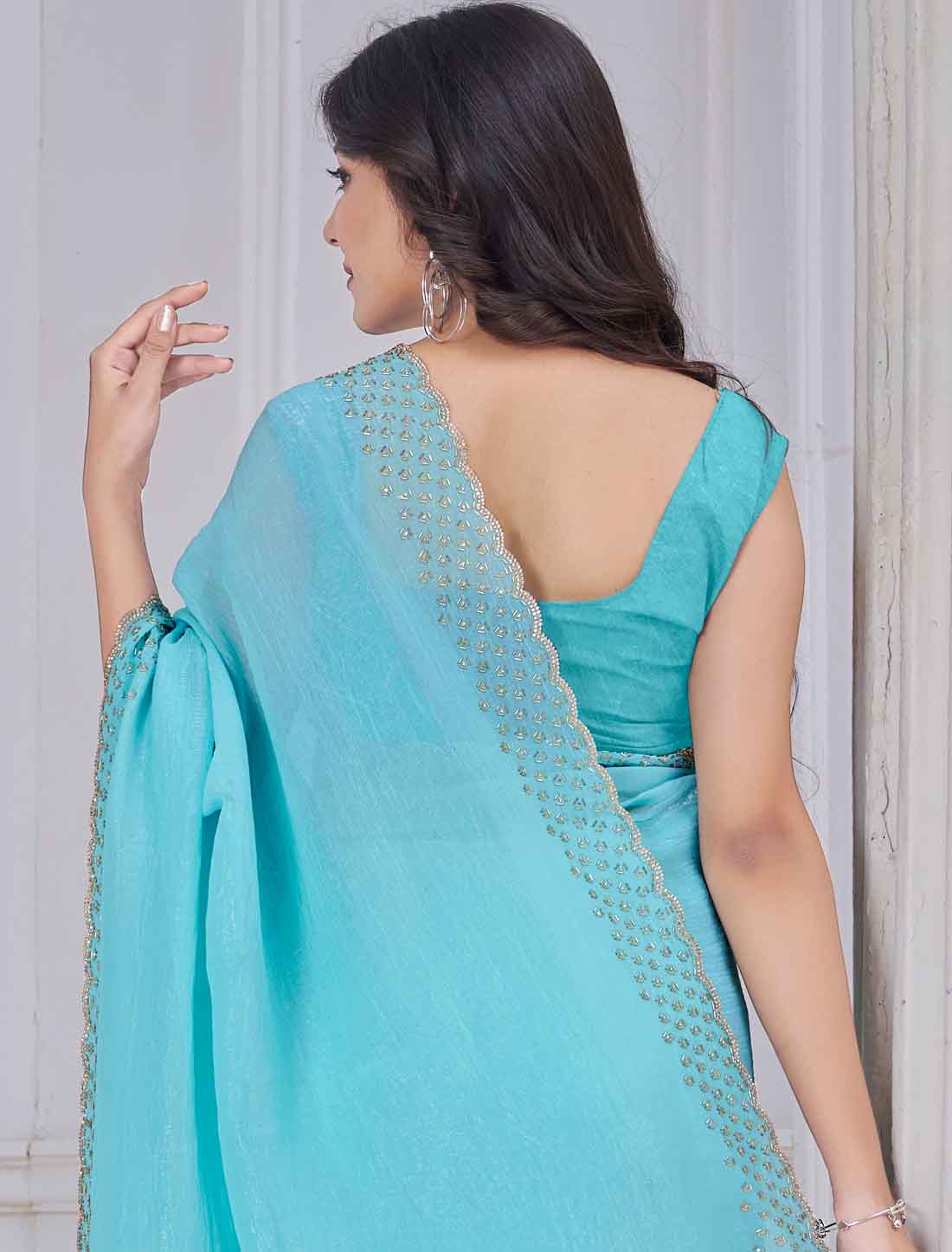 Ethnic Blue Soft Silk Hand Work With Jerquen Party Wear Saree