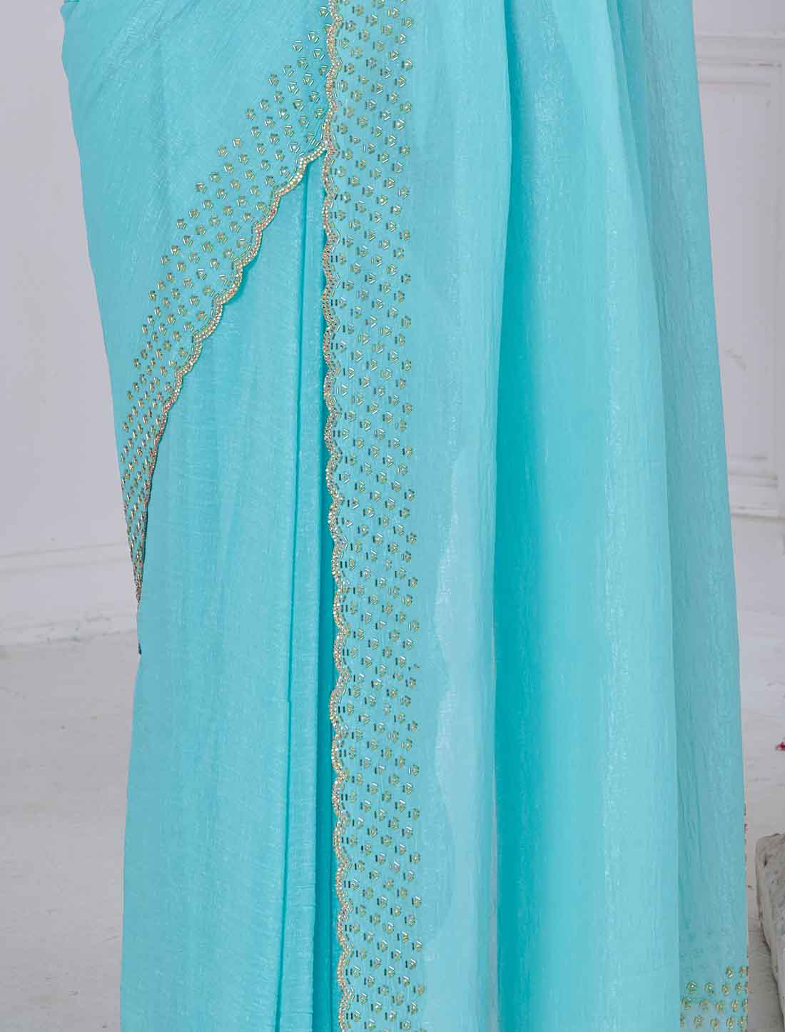 Ethnic Blue Soft Silk Hand Work With Jerquen Party Wear Saree
