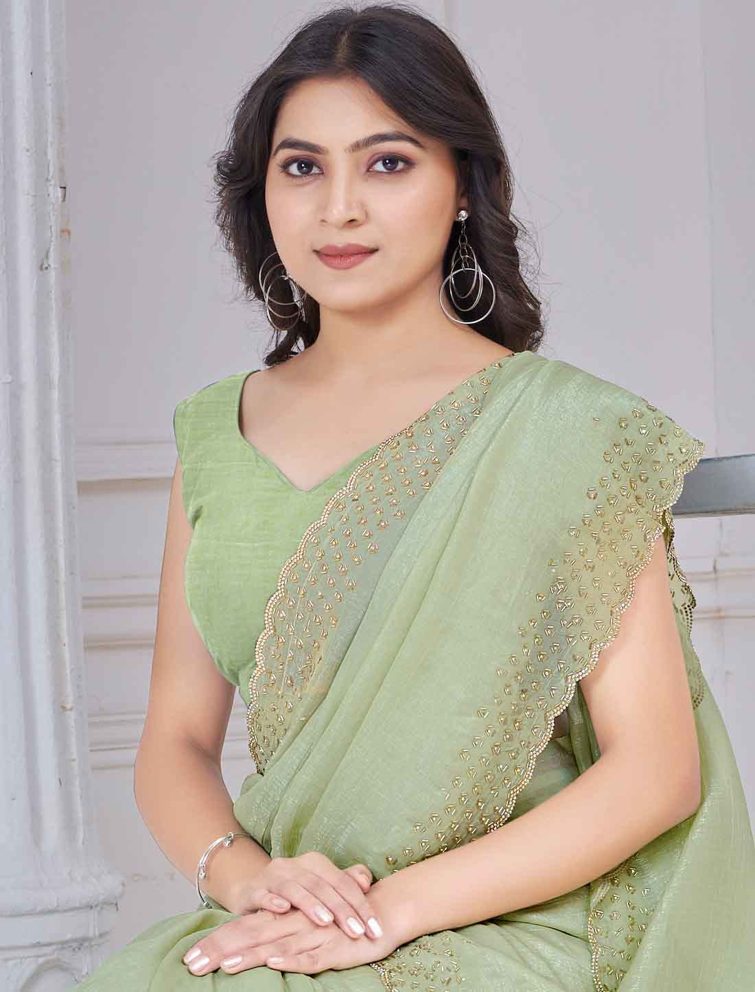 Pista Green Ethnic Soft Silk Hand Work Party Wear Saree