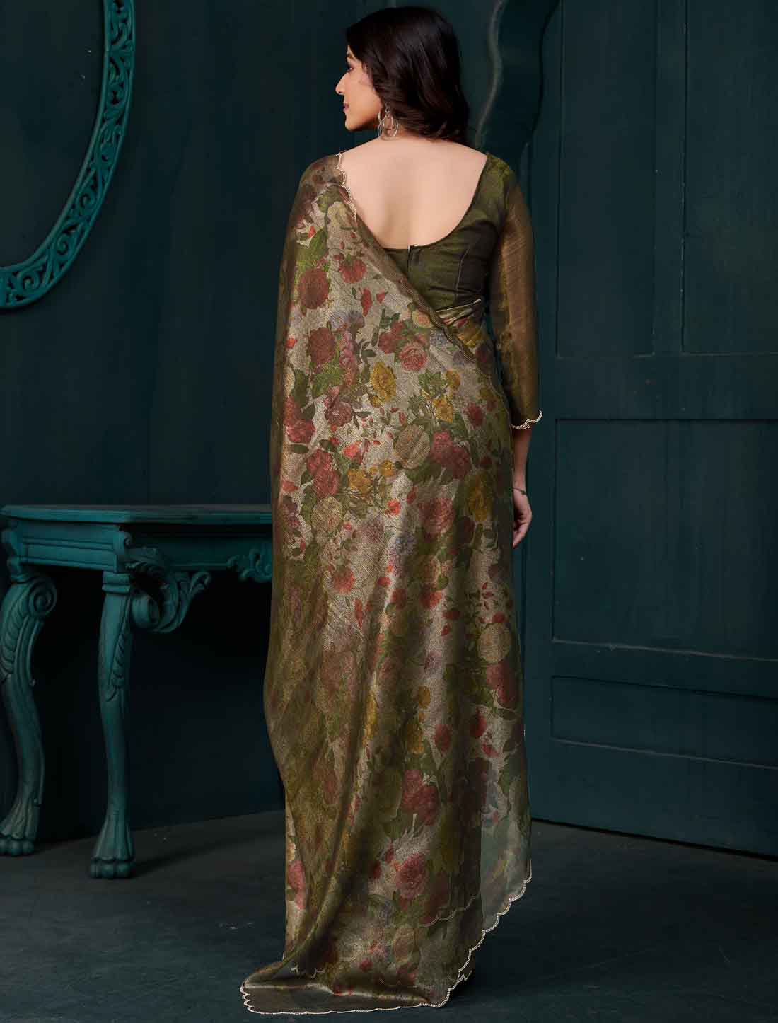 Dusty Green Ethnic Two Tone Silk Party Wear Saree
