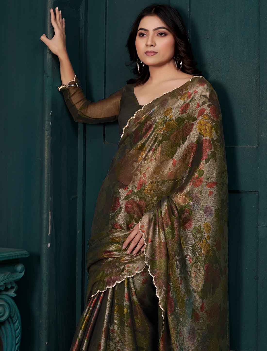 Dusty Green Ethnic Two Tone Silk Party Wear Saree