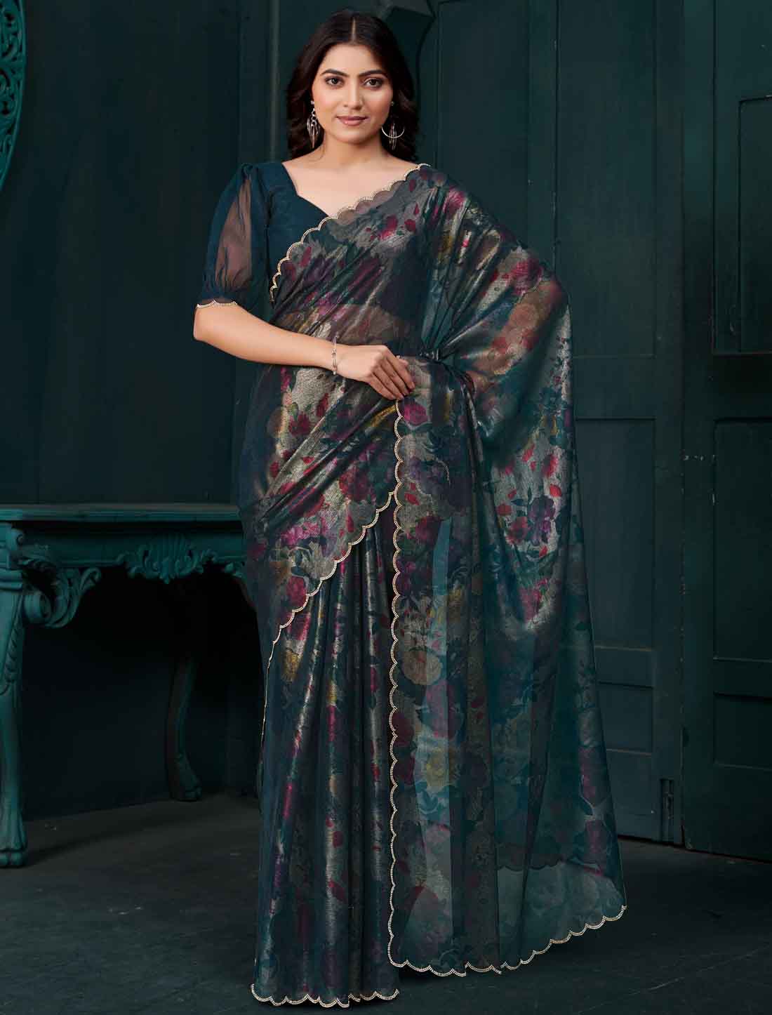 Ethnic Peacock Blue Two Tone Silk Party Wear Saree