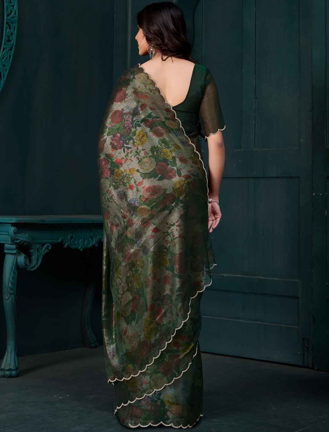 Olive Green Ethnic Two Tone Silk Party Wear Saree