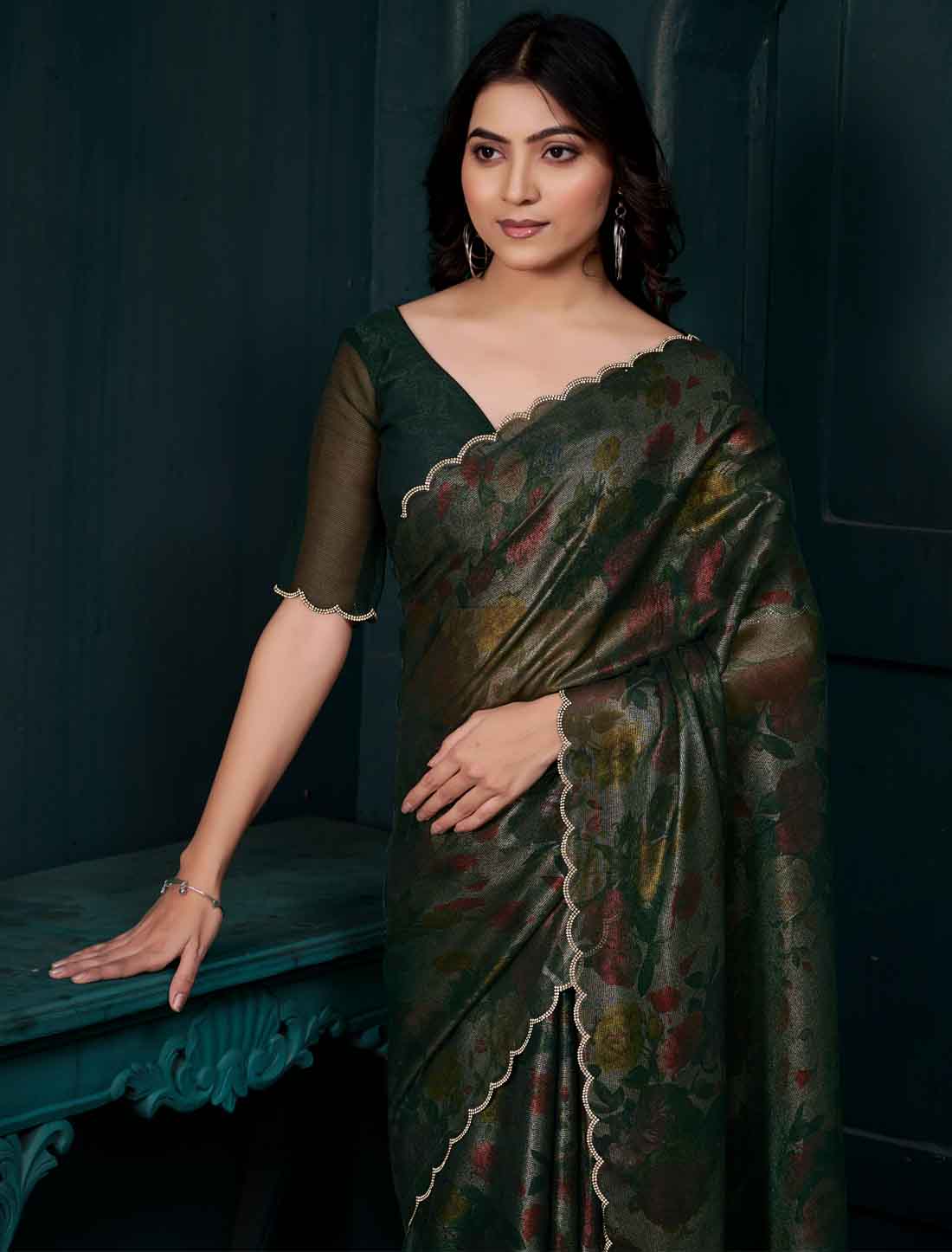 Olive Green Ethnic Two Tone Silk Party Wear Saree