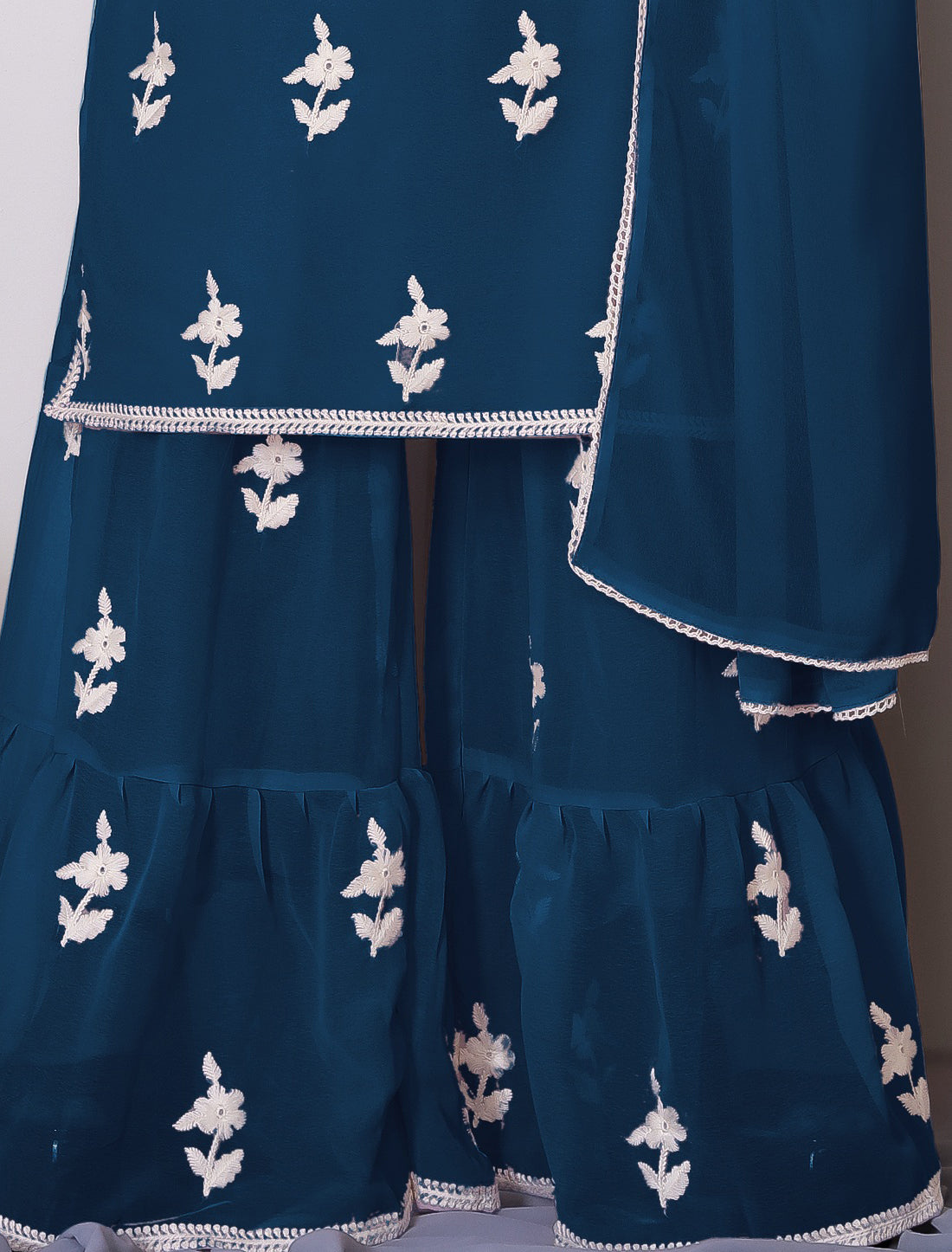 Teal Blue Ethnic Bamberg Georgette With Cotton Embroidery Kurta Sets