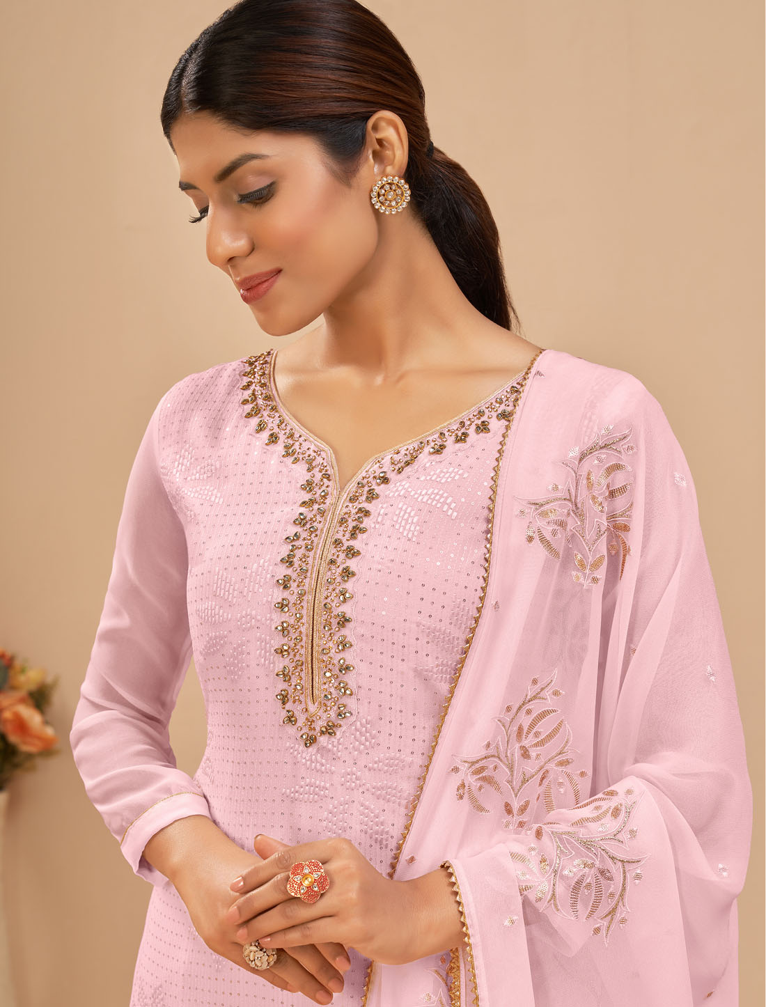Georgette Fabric Designe Crafted With Thread And Sequins Kurti Sets
