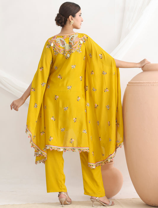 Yellow Casual Premium Chinon Fabric Floral Embroidered Kurta Sets