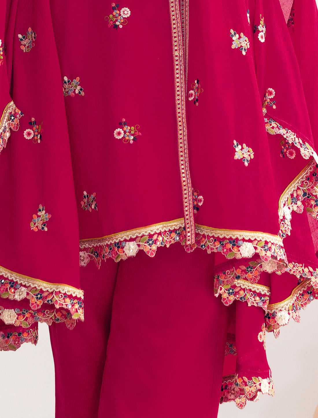 Casual Red Premium Chinon Fabric Floral Embroidered Kurta Sets
