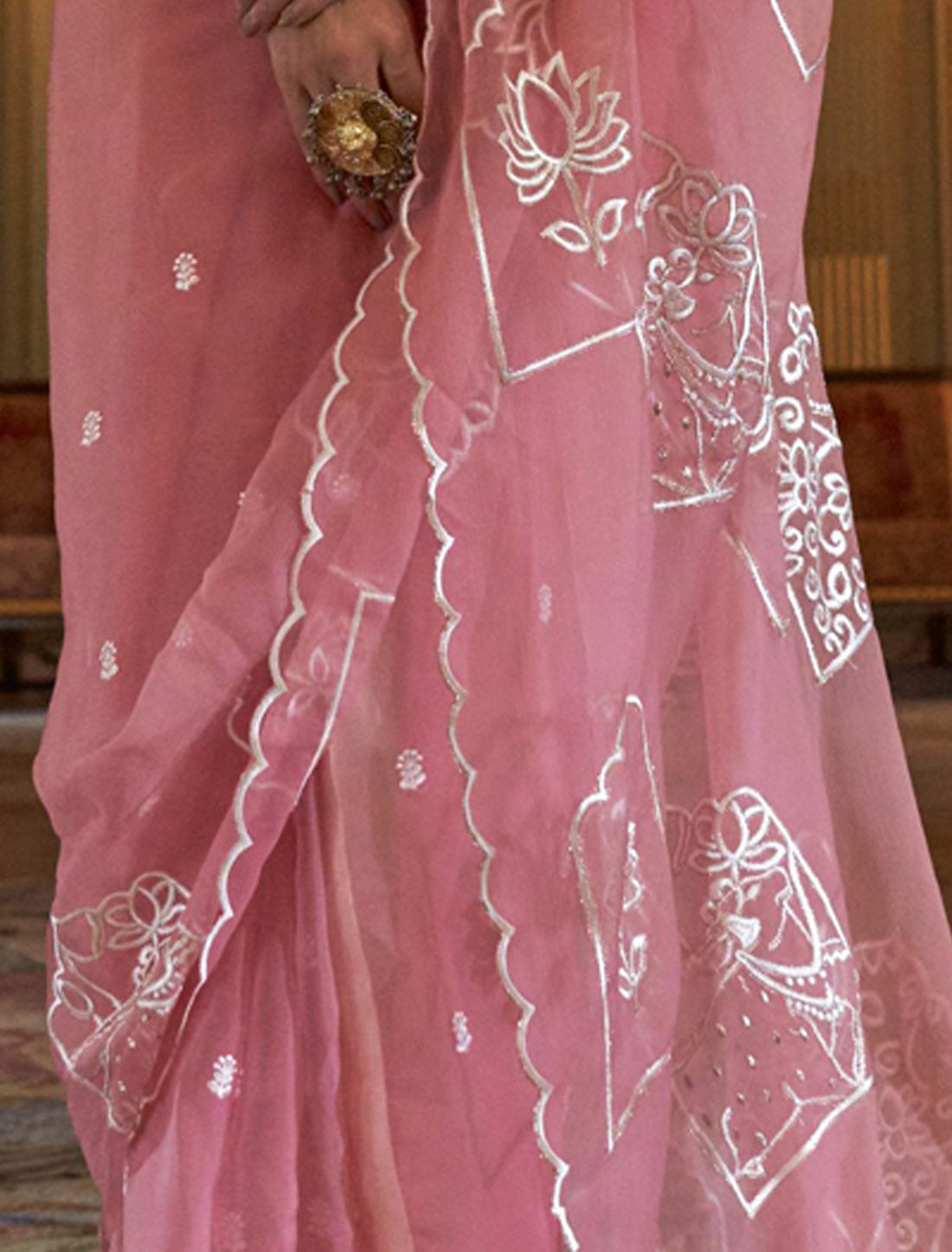 Ethnic Light Pink Ruby Chiffon Multi Thread Embroidery Work Saree