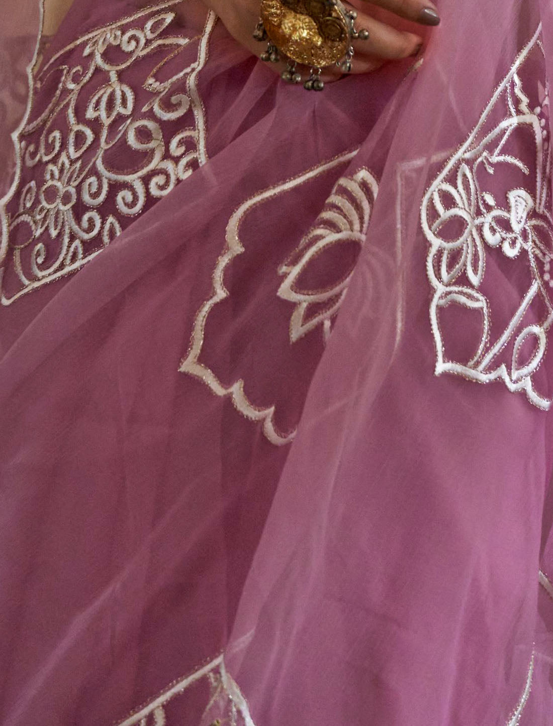 Pink Ethnic Ruby Chiffon Multi Thread Embroidery Work Saree
