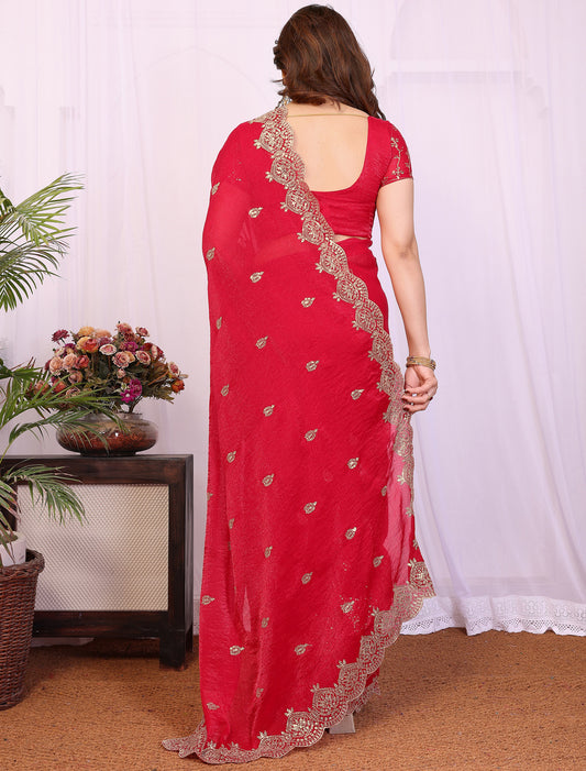 Red Pure Chiffon With Sequince Work Graceful Ethnic Saree