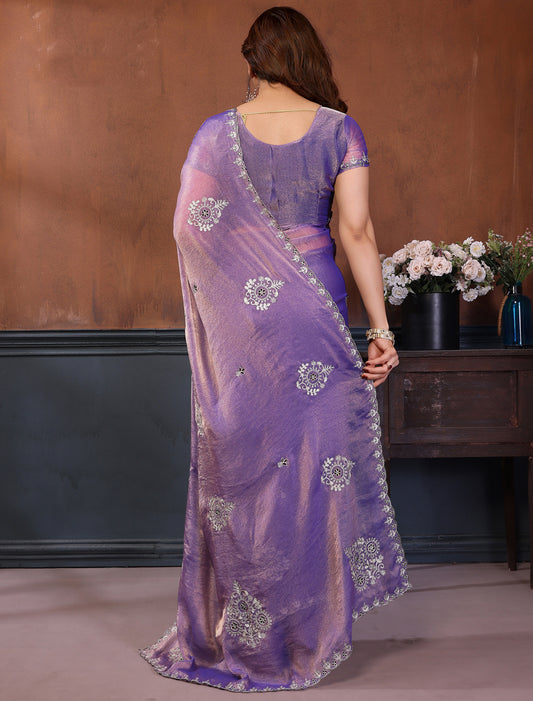 Purple Pure N.C Moss Chiffon With Chain Stich Work Ethnic Saree