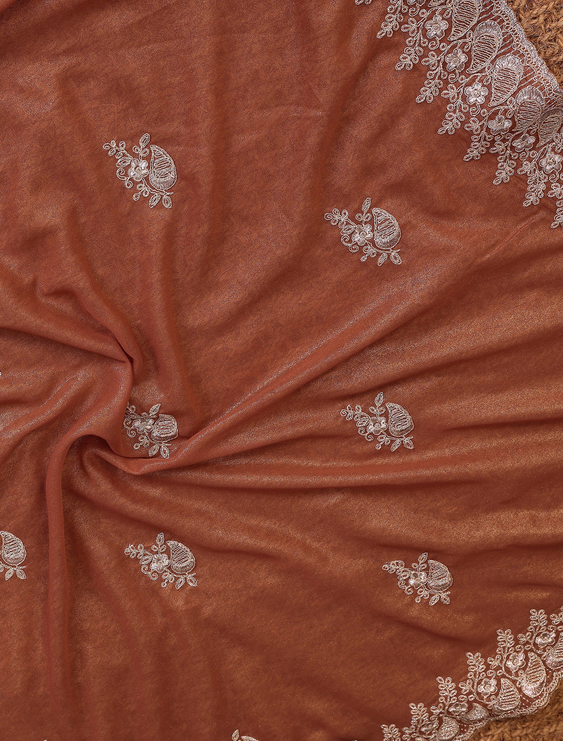 Dusty Rust Pure Cotting Georgette With Embroidery Work Ethnic Saree