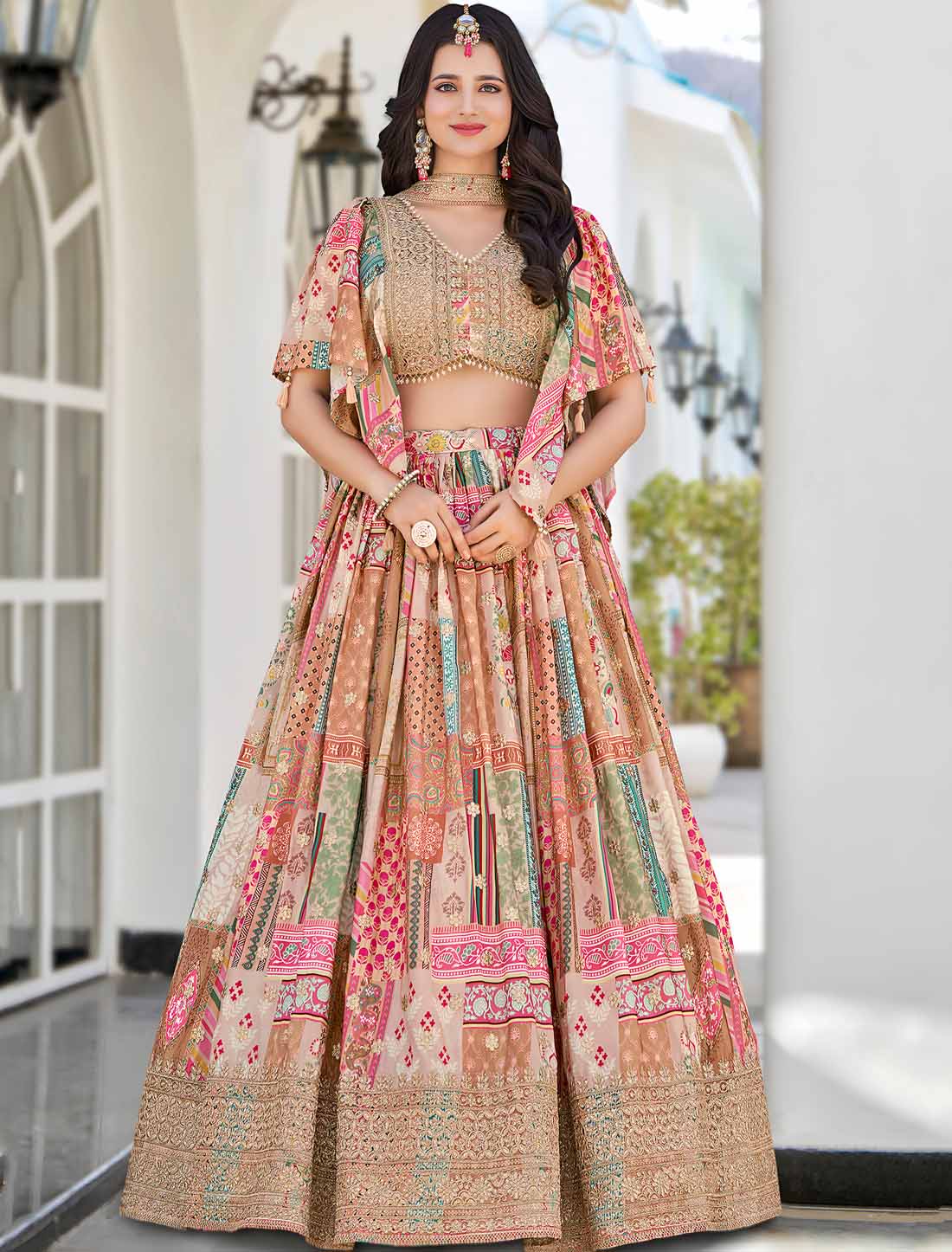 Ethnic Beige Chinon Silk With Zari Dori Embroidery Designer Lehenga Choli