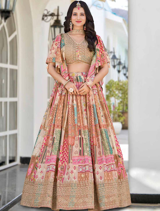 Ethnic Beige Chinon Silk With Zari Dori Embroidery Designer Lehenga Choli