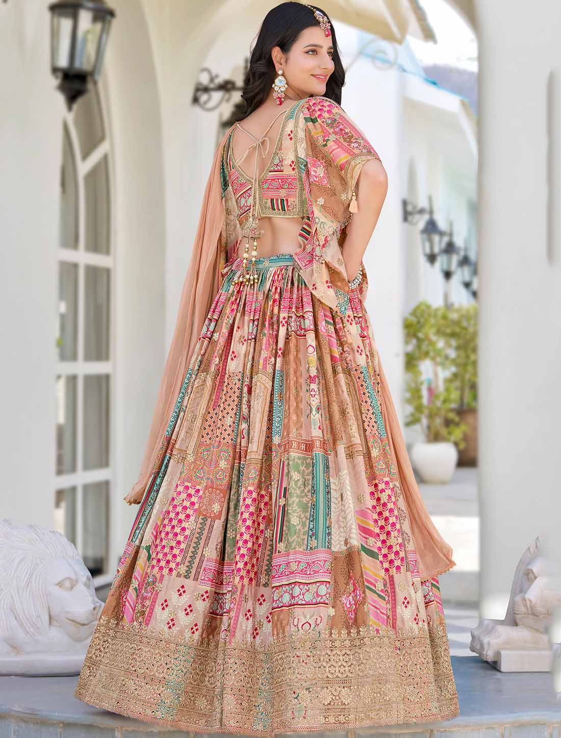 Ethnic Beige Chinon Silk With Zari Dori Embroidery Designer Lehenga Choli