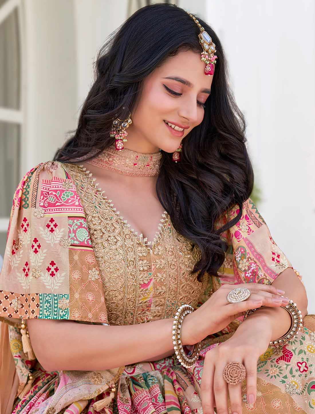 Ethnic Beige Chinon Silk With Zari Dori Embroidery Designer Lehenga Choli