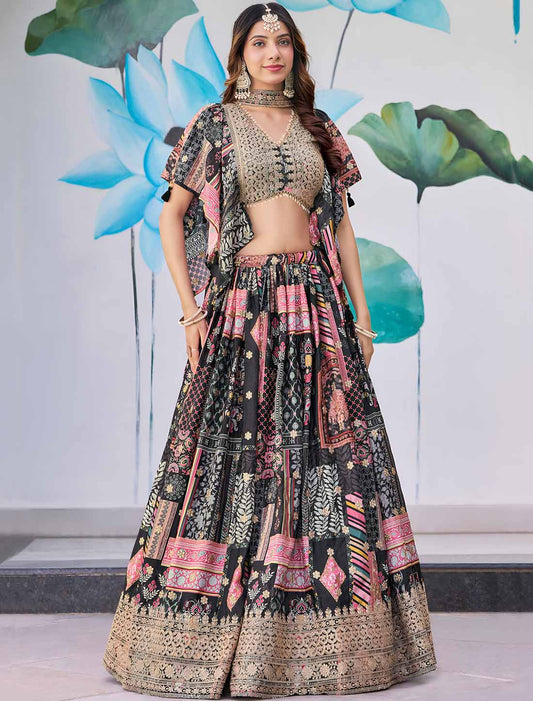 Black Chinon Silk With Designer Zari Dori Embroidery Ethnic Lehenga Choli