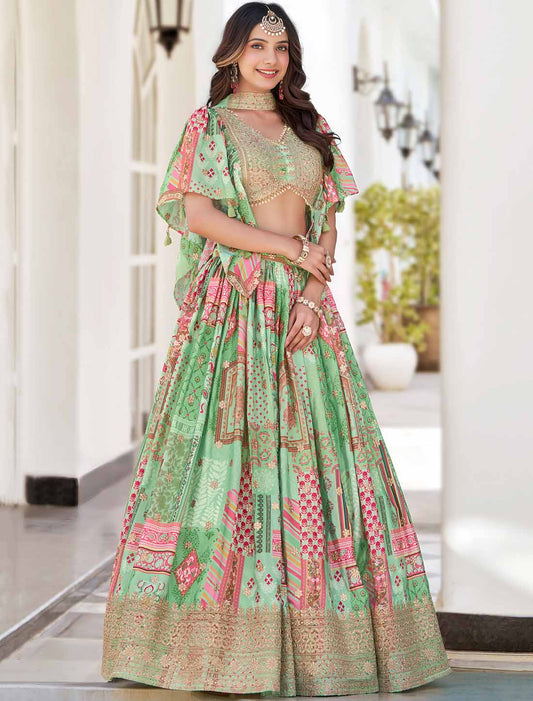 Green Ethnic Chinon Silk With Zari Dori Embroidery Designer Lehenga Choli
