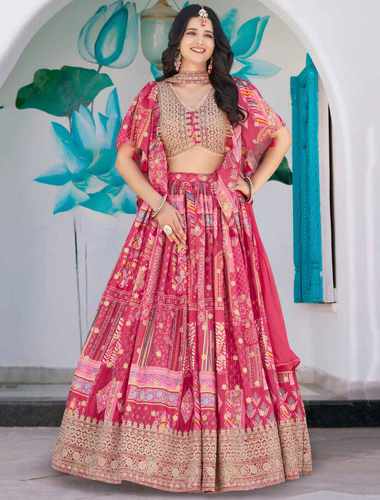 Ethnic Pink Chinon Silk With Zari Dori Embroidery Designer Lehenga Choli