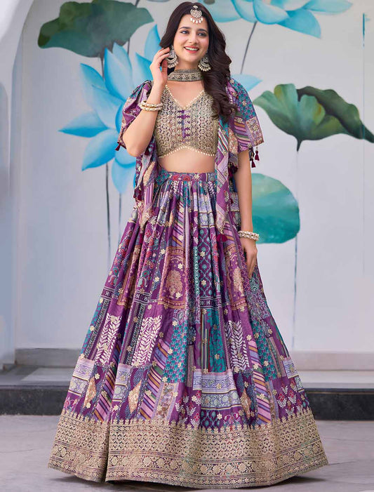 Purple Designer Chinon Silk With Zari Dori Embroidery Ethnic Lehenga Choli
