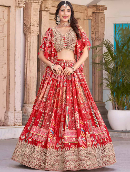 Ethnic Red Chinon Silk With Designer Zari Dori Embroidery Lehenga Choli