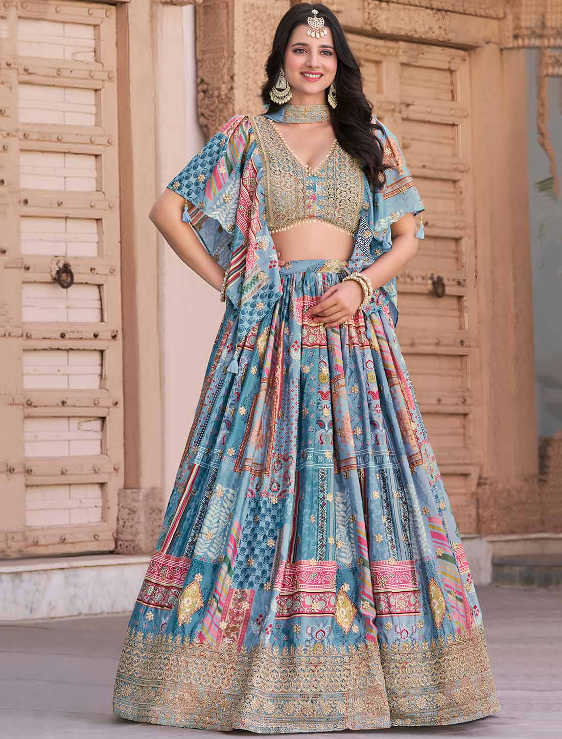 Sky Chinon Silk With Zari Dori Embroidery Designer Ethnic Lehenga Choli