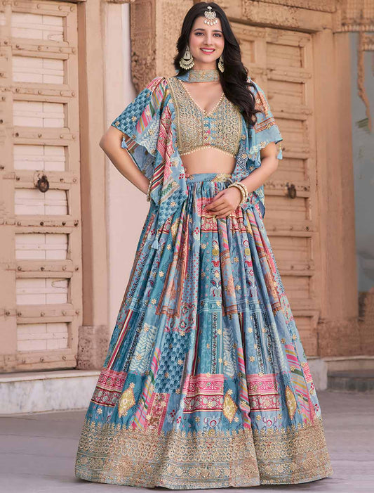 Sky Chinon Silk With Zari Dori Embroidery Designer Ethnic Lehenga Choli