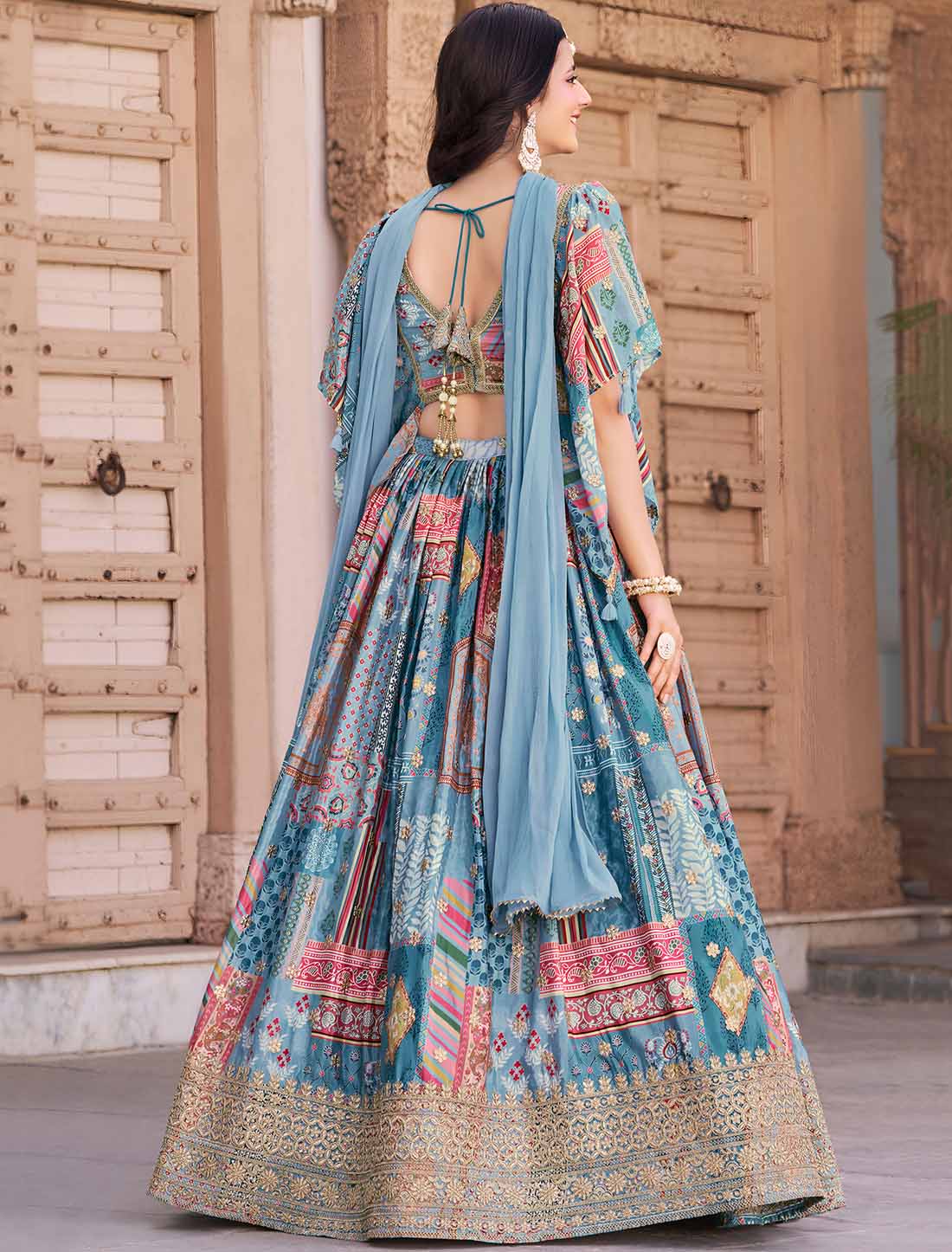Sky Chinon Silk With Zari Dori Embroidery Designer Ethnic Lehenga Choli