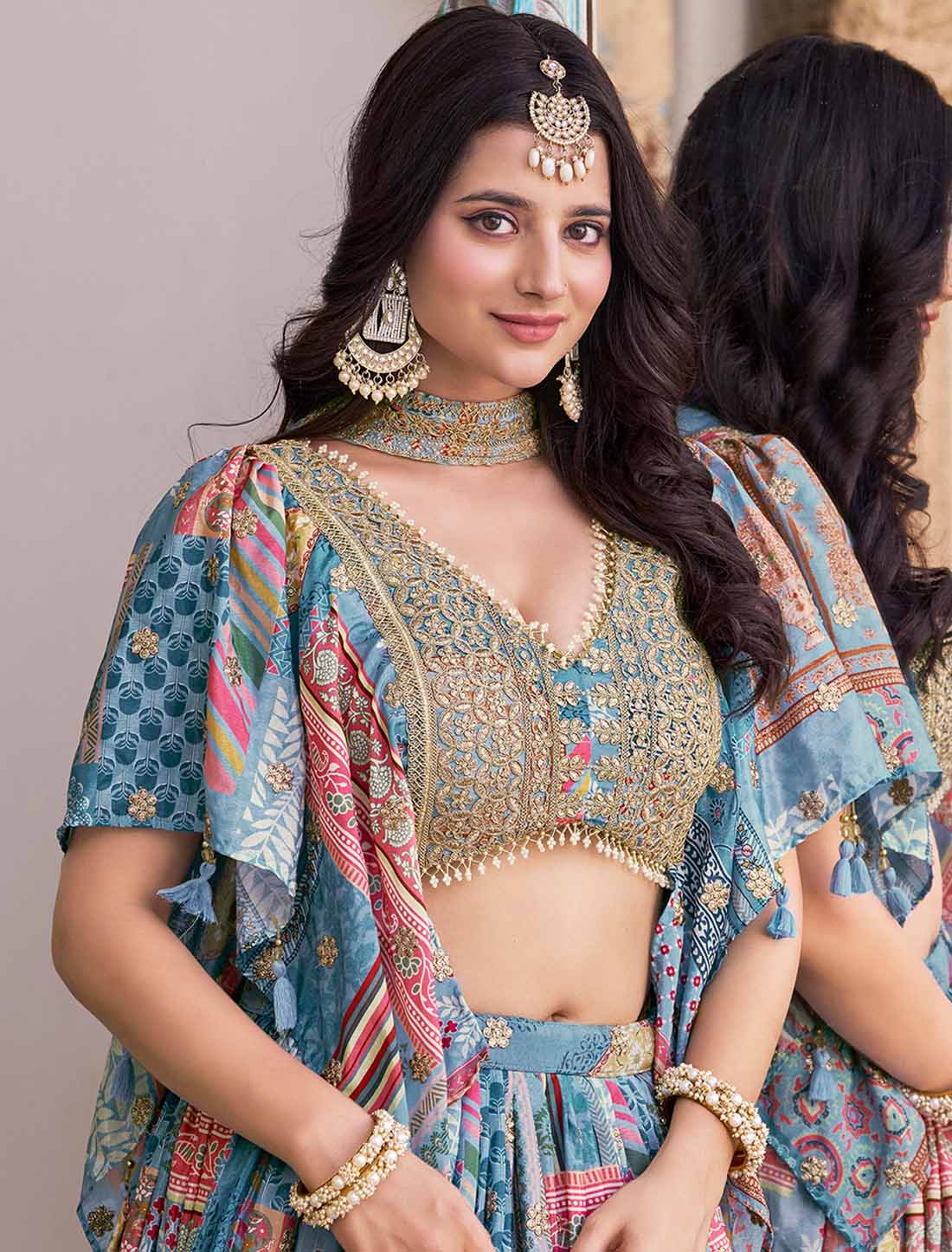 Sky Chinon Silk With Zari Dori Embroidery Designer Ethnic Lehenga Choli